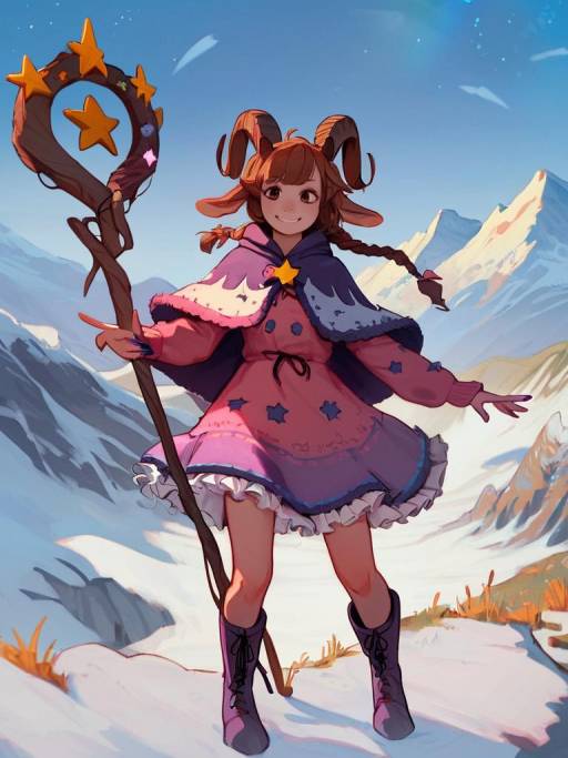Charming Goat Girl in Pastel Landscape