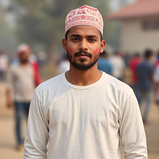 Photograph of a bearded man with medium brown skin, wearing a white long-sleeve shirt and a red-patterned white cap, with red