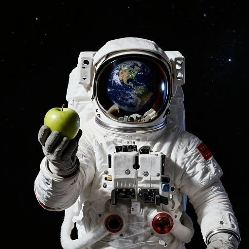Photograph of an astronaut in a white spacesuit holding a yellow apple against a black space background, with Earth visible in the helmet's visor.