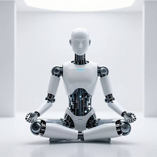 Photograph of a white and black robotic figure sitting cross-legged in a meditative pose against a bright white background.