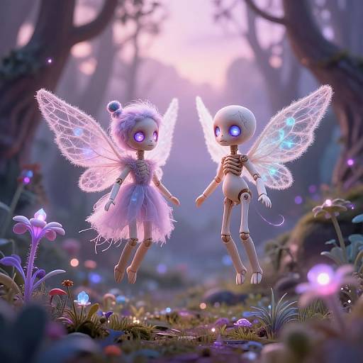Whimsical digital art of two glowing fairy dolls with translucent wings, floating in a magical forest bathed in soft, ethereal light.
