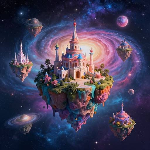 Digital fantasy artwork of a glowing, colorful castle on a floating island, surrounded by swirling galaxies, planets, and smaller floating islands with their own castles