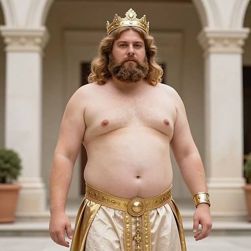 Photograph of a bearded, shirtless man with long brown hair, wearing a gold crown, ornate gold and white skirt, and bracelet,