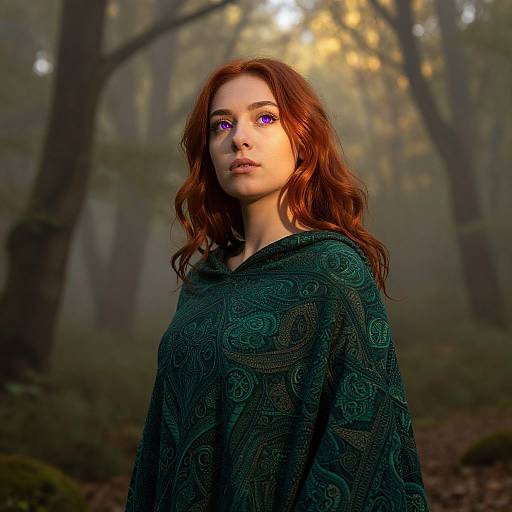Photograph of a young woman with wavy red hair, purple eyes, and green patterned shawl, standing in a misty forest.