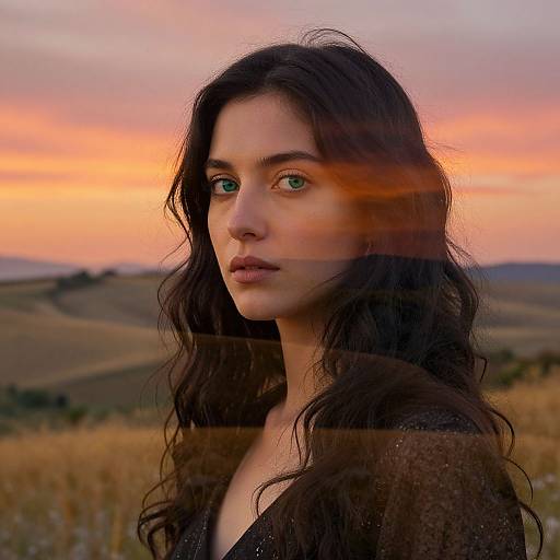 Photograph of a young woman with long, wavy brown hair, green eyes, and fair skin, standing in a golden field at sunset, with