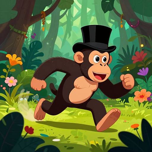 Cartoon monkey in black top hat runs joyfully through vibrant jungle, colorful flowers, and lush greenery in sunny, playful illustration.