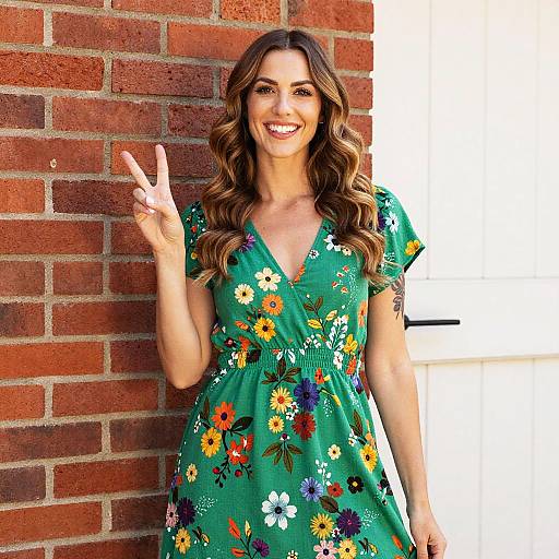 Photograph of a smiling woman with long wavy brown hair, wearing a green floral dress, standing against a red brick wall, making a peace sign