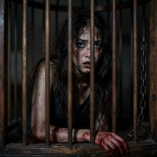 Blood-Streaked Woman in Wooden Cage
