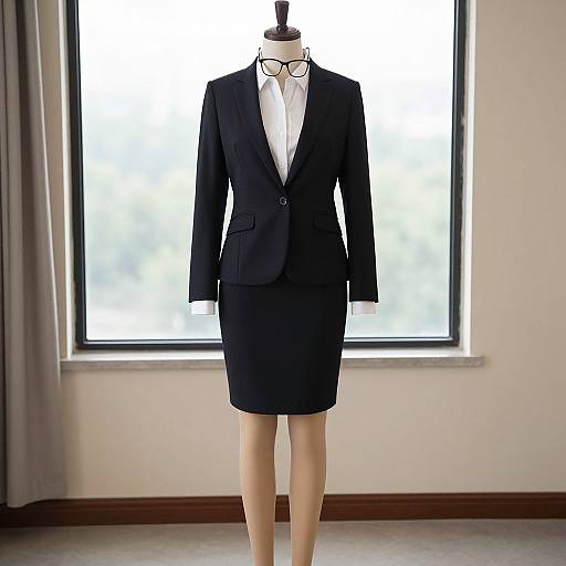 Photograph of a black pinstriped blazer and knee-length skirt on a mannequin with glasses, standing in front of a bright window