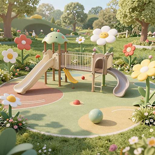 Photorealistic CGI of a colorful, sunlit playground with a slide, climbing structure, flowers, and grass, surrounded by lush trees.