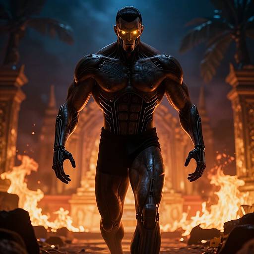 CGI image of a muscular, black, glowing-eyed, robot-like humanoid walking through a fiery, ruined temple with palm trees in the background.