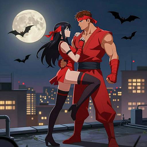 Dynamic Ninja Duo on Rooftop at Night