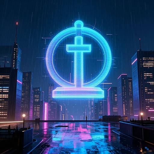 Neon-lit, rain-soaked cityscape with glowing blue cross inside a circular halo, towering skyscrapers, and vibrant reflections on wet streets