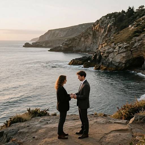 Photograph of a couple in formal black attire standing on a rocky cliff, holding hands, with a coastal sunset and cliffs in the background.