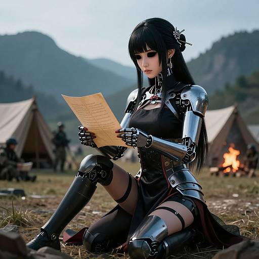 Digital artwork of a black-haired, cyberpunk warrior woman in silver armor and black dress, reading a parchment in a campsite with mountains and tents in