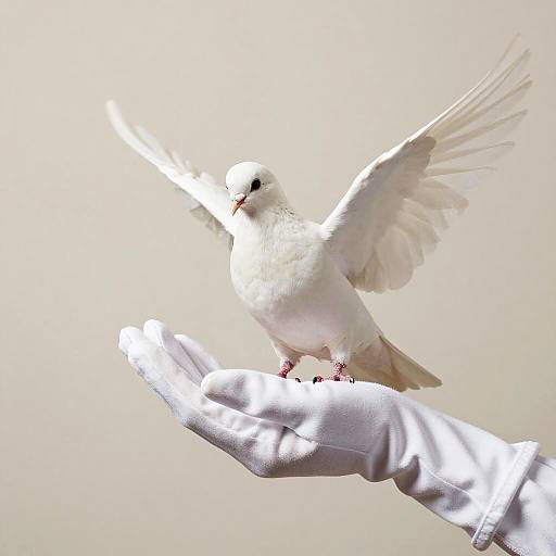 Photograph of a white dove with wings spread, perched on an outstretched, white-gloved hand against a bright, neutral background.