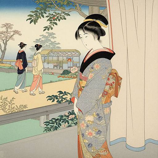 Traditional Japanese woodblock print: Elegant woman in floral kimono stands indoors, watching two women walk in a garden. Bright colors, detailed patterns, and
