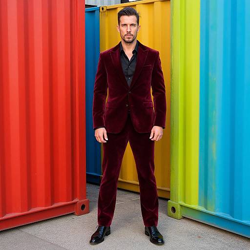 Photograph of a bearded man in a dark burgundy velvet suit, black shirt, standing between colorful red, yellow, and blue shipping containers.