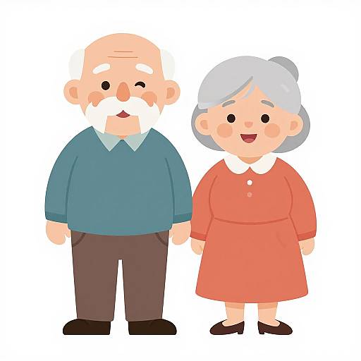 Cartoon illustration of an elderly couple: bald man with blue shirt, brown pants, white mustache; gray-haired woman in red dress, black shoes