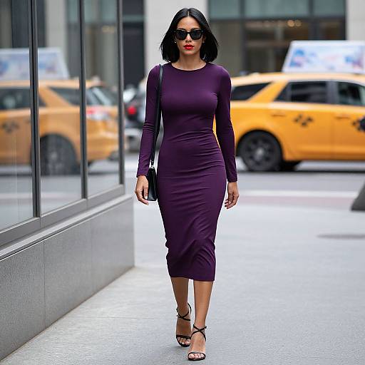 Photograph of a confident woman with medium skin tone, black wavy hair, wearing a tight, long-sleeve, purple dress, black heels