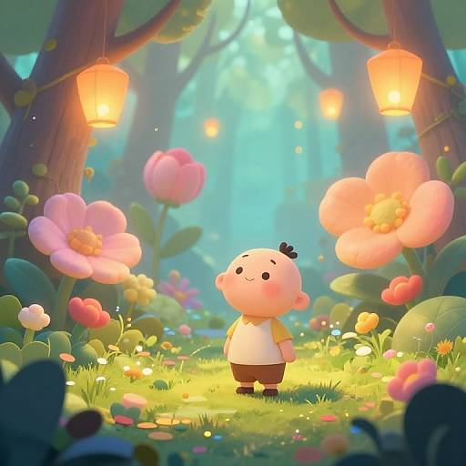 Chibi-style cartoon character with black crown stands in enchanted forest, surrounded by glowing lanterns and vibrant pink flowers under sunlight. Digital art.