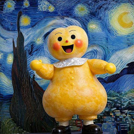 Photograph of a yellow, cartoon bird mascot with red cheeks, white neck ruff, and black shoes, standing in front of a colorful, swirling