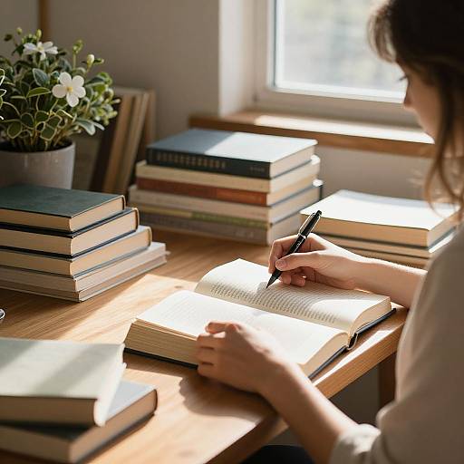 Photograph of a woman writing in an open notebook on a sunlit wooden desk, surrounded by stacked books and a potted plant.