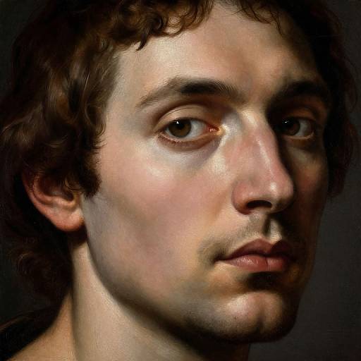 Realistic digital portrait of a young man with curly brown hair, fair skin, and intense brown eyes, set against a dark background.