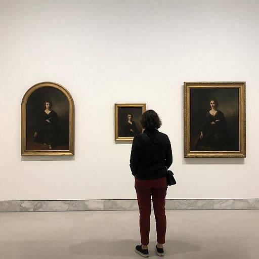 Person Viewing Paintings in Museum Gallery