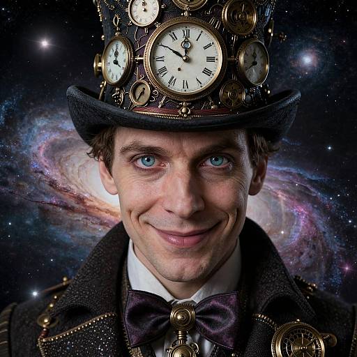 Photograph of a smiling man with blue eyes, wearing a steampunk top hat adorned with clocks, a dark coat, and bow tie, against