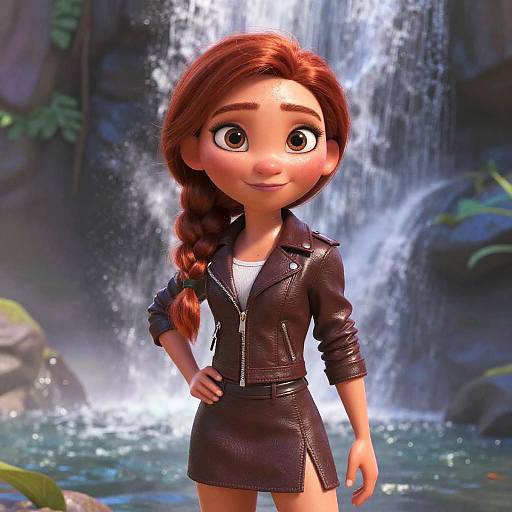 Digital CGI of Elsa from Frozen with braided red hair, wearing a black leather jacket and skirt, standing in front of a cascading waterfall.