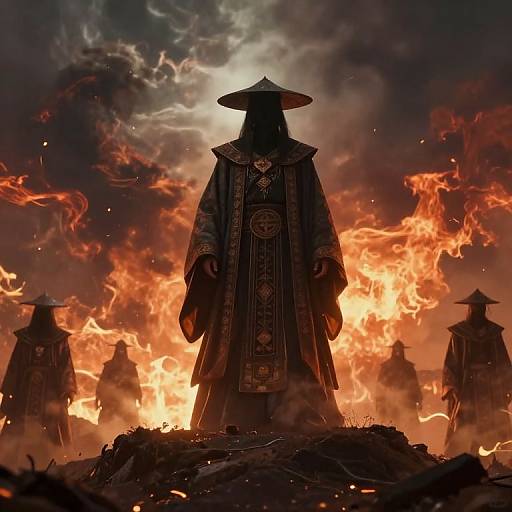 Digital artwork of five robed figures with wide-brimmed hats standing in front of intense, fiery orange flames against a dark, stormy sky.
