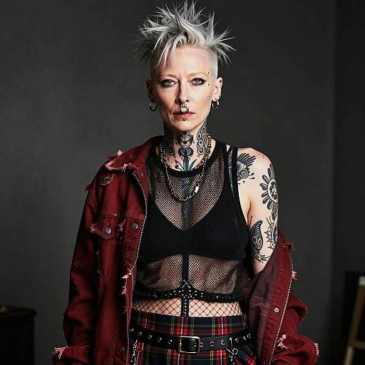Photograph of a punk woman with short, spiky silver hair, tattoos, nose ring, black mesh top, red plaid skirt, and red