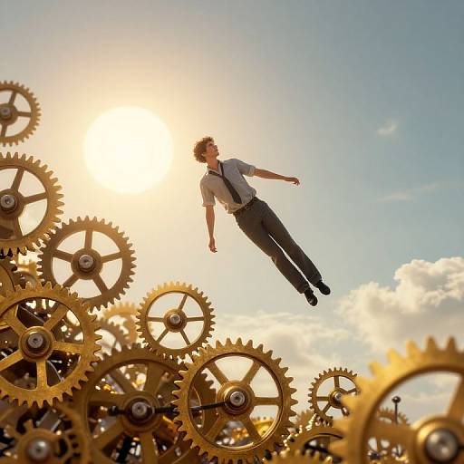 Photograph of a man in a white shirt and black pants, suspended mid-air among large golden gears, with a bright sun and blue sky in the