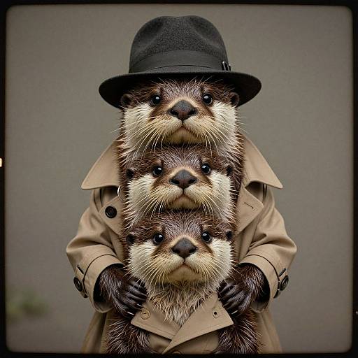 Photograph of three otters stacked vertically, wearing a black bowler hat and beige trench coat, against a plain gray background.