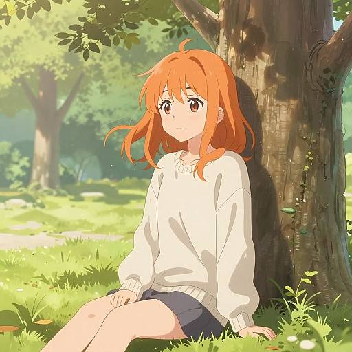Anime-style digital drawing of a red-haired girl with large eyes, wearing a white sweater and dark shorts, sitting against a tree in a sunlit,