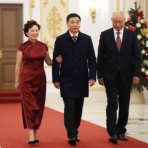 Asian People Walking on Red Carpet in Elegant Room