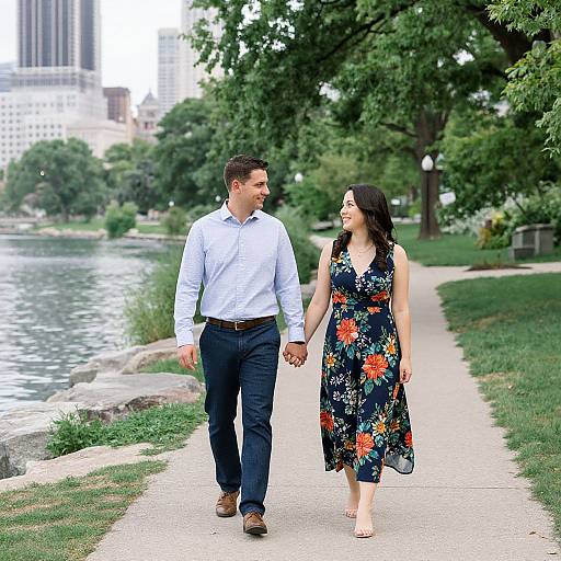 Photograph of a smiling couple holding hands on a park path by a river, with the man in a white shirt and dark pants, and the woman