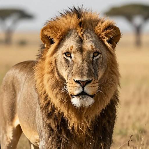 Photograph of a majestic male lion with a thick, golden-brown mane, standing in a sunlit savanna, staring intensely forward.