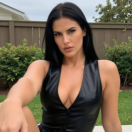 Photograph of a woman with long black hair, olive skin, and large breasts wearing a black, deep V-neck, sleeveless leather top, taking