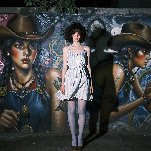 Digital artwork: Pale woman with curly black hair, white dress, and white stockings stands in front of vibrant, detailed graffiti mural of two women in cowboy