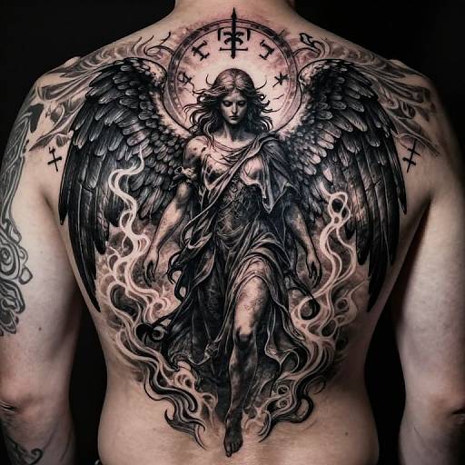 Tattoo of angel with black wings, flowing dress, halo, and crosses on a muscular male back, in monochromatic black ink.