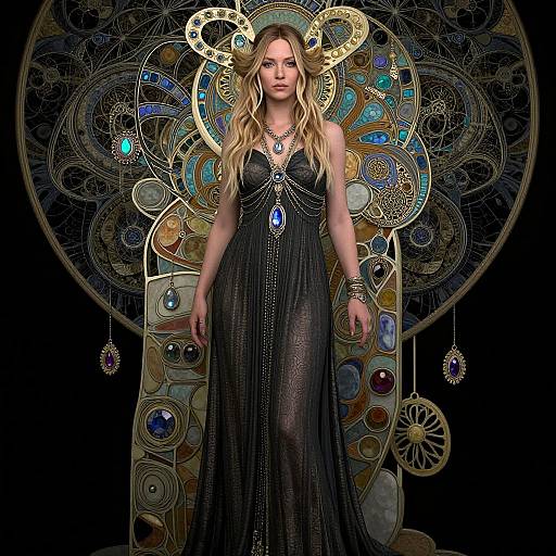 Photograph of a blonde woman in a black, sheer, beaded dress with blue gemstone necklace, standing before a colorful, intricate steampunk