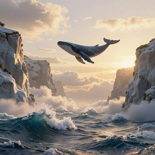 Photorealistic CGI of a leaping humpback whale in a dramatic, sunlit ocean between towering, snow-capped cliffs with crashing waves.