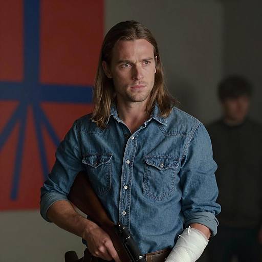 Serious Man in Denim with Rifle