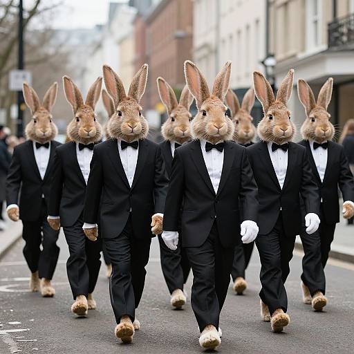 Photograph of seven anthropomorphic rabbits in black tuxedos with bow ties and white gloves, walking in a city street parade.