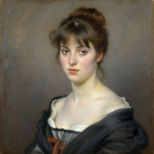 Realistic oil painting of a young Caucasian woman with fair skin, brown hair in a loose bun, wearing a black dress with white lace trim and a