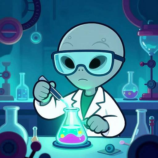 Cartoon-style drawing of a bald, gray-skinned scientist with large blue-tinted glasses, wearing a white lab coat, mixing colorful liquids in