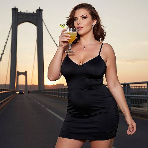 Photograph of a confident woman in a black, sleeveless mini dress, sipping a cocktail on a sunset-lit bridge.