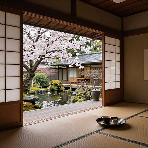Photograph of a traditional Japanese room with sliding shoji doors, tatami mat floor, and a black ceramic bowl on the mat. Outside, a